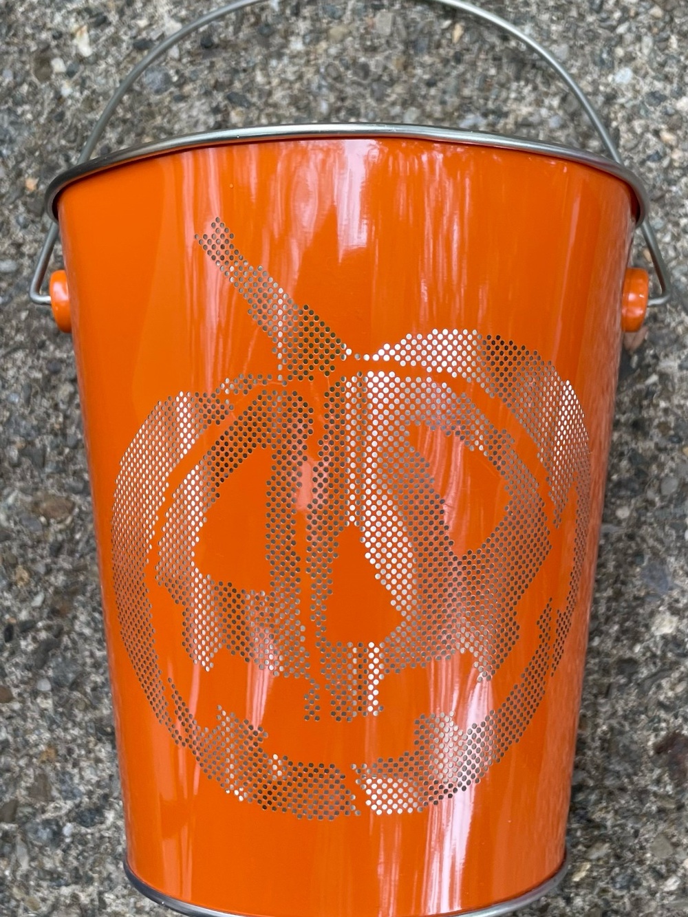 Orange Metal Pumpkin Jack o Lantern Bucket with Handle